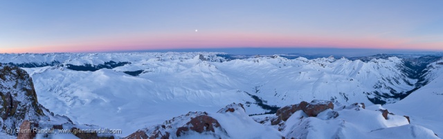 200-degree panorama looking west at sunrise from the summit of 14,309-foot Uncompahgre Peak, March 2, 2010, Uncompahgre Wilderness, Colorado